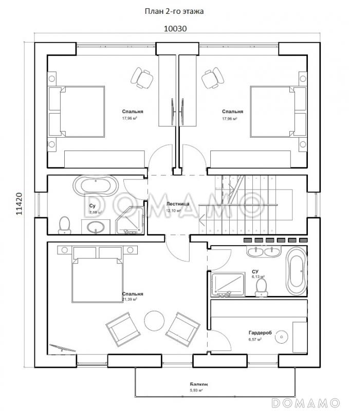 Проект дома с террасой, прямоугольной кухней-гостиной, хозяйской спальней на мансардном этаже с балконом / План мансардного этажа