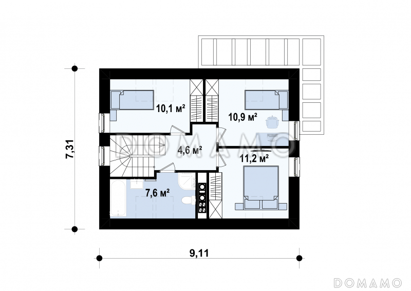Проект компактного одноэтажного мансардного дома из газобетона с кабинетом на первом этаже и тремя спальнями на мансарде / План мансардного этажа