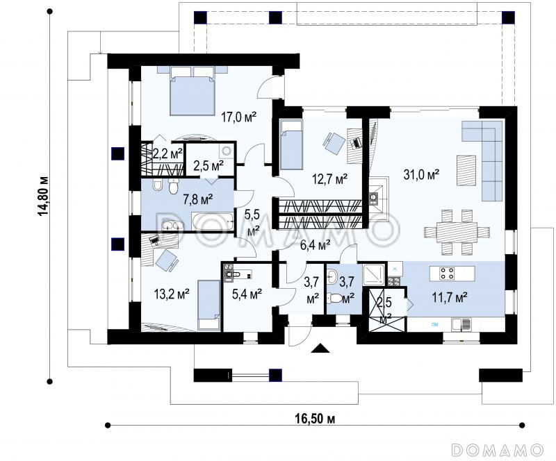 Проект стильного одноэтажного дома из кирпича с тремя спальнями и уютной террасой / План 1 этажа