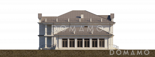 Проект загородного дома с бассейном, комнатами для отдыха и спорта, террасами, большим гаражом, спальнями на втором этаже / Фасад 4