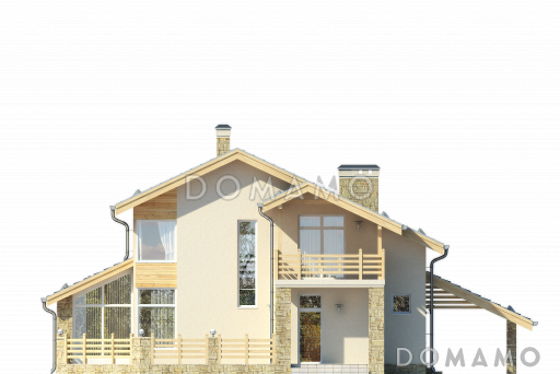 Проект дома с большой открытой террасой, зимним садом, гостиной с камином, кухней с эркером, спальней на первом этаже, вторым светом, балконом / Фасад 1