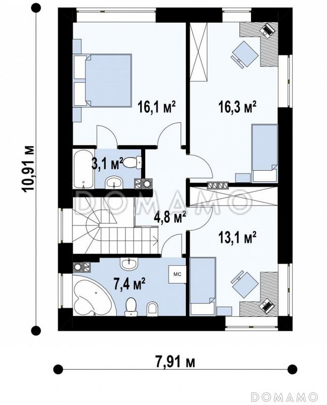 Проект классического двухэтажного дома из кирпича с четырьмя комнатами, техническим помещением и небольшой угловой террасой / План 2 этажа