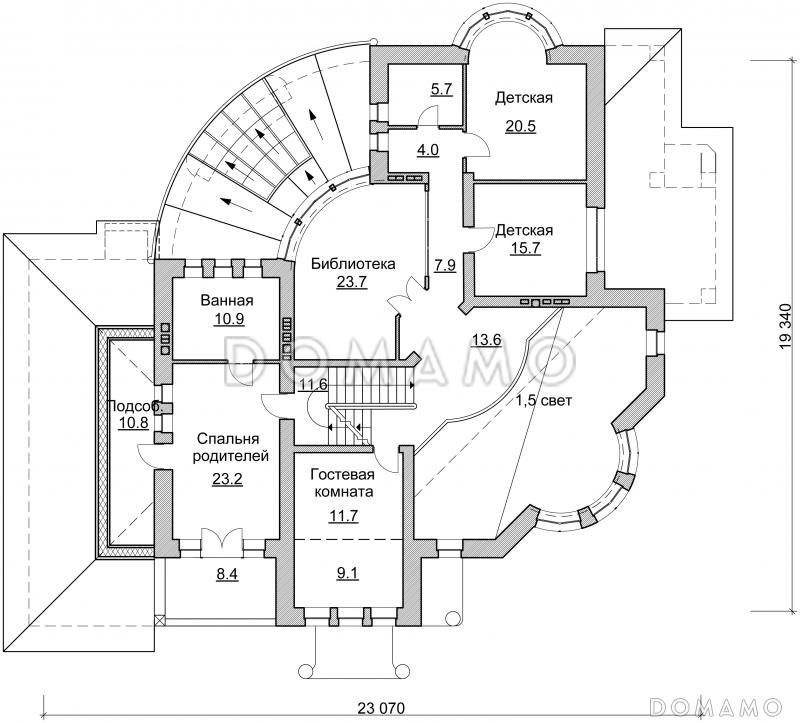 Проект коттеджа с двусветной гостиной, террасой и гаражом на 2 а/м / План 2 этажа Проект коттеджа с двусветной гостиной, террасой и гаражом на 2 а/м / План 2 этажа