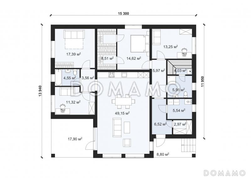 Проект одноэтажного дома со вторым светом для неровного участка S-152 / План 1 этажа