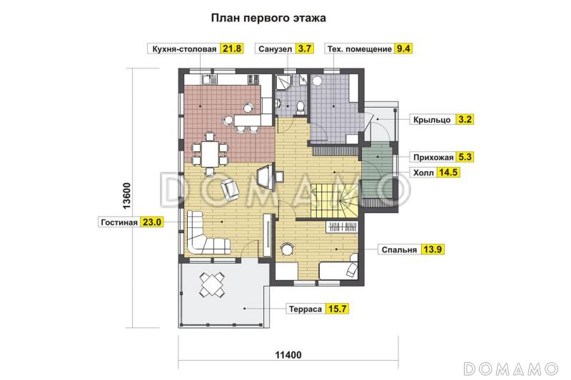 Проект каркасного дома с кухней-гостиной в длину дома / План 1 этажа