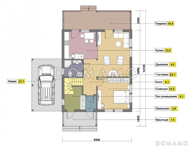 Проект дома в скандинавском стиле с просторной кухней / План 1 этажа