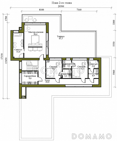 Проект крупномасштабного двухэтажного дома в стиле хай-тек с подвалом и бассейном / План 2 этажа Проект крупномасштабного двухэтажного дома в стиле хай-тек с подвалом и бассейном / План 2 этажа