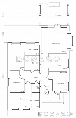 Проект большого одноэтажного дома с крытой террасой / План 1 этажа