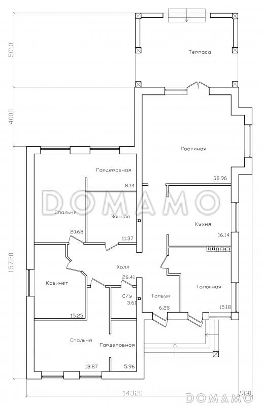 Проект большого одноэтажного дома с крытой террасой / План 1 этажа