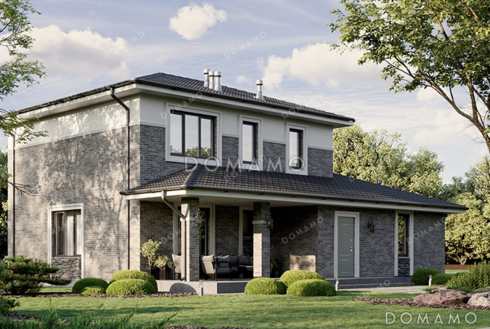 Проект двухэтажного дома с 3 спальнями, парной, террасой и большим гаражом и