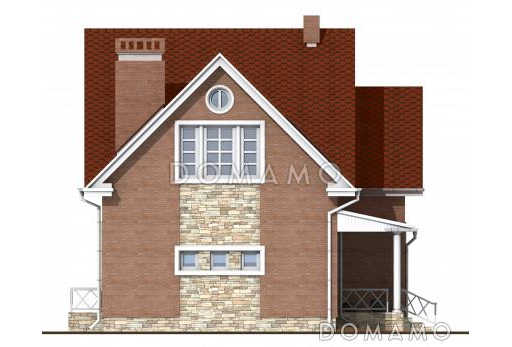 Проект дома с гаражом, мансардными и круглыми окнами, тремя спальными на мансардном этаже / Фасад 4