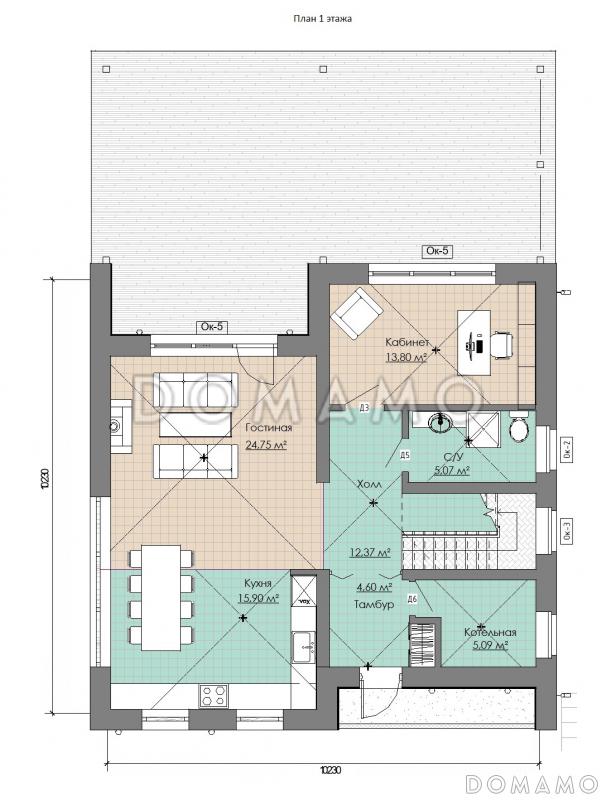Проект коттеджа с просторной крытой террасой, кабинетом, длинным балконом на мансардном этаже на две спальни / План 1 этажа