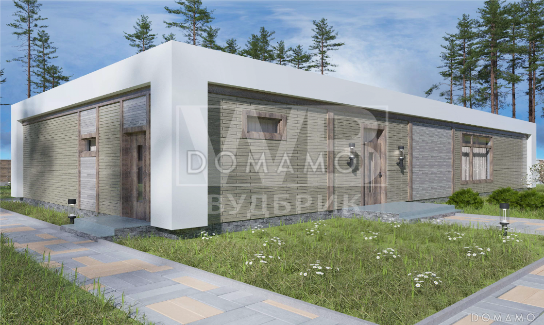 Проект одноэтажного современного дома с панорамными окнами, тремя спальнями и большой крытой террасой / 2
