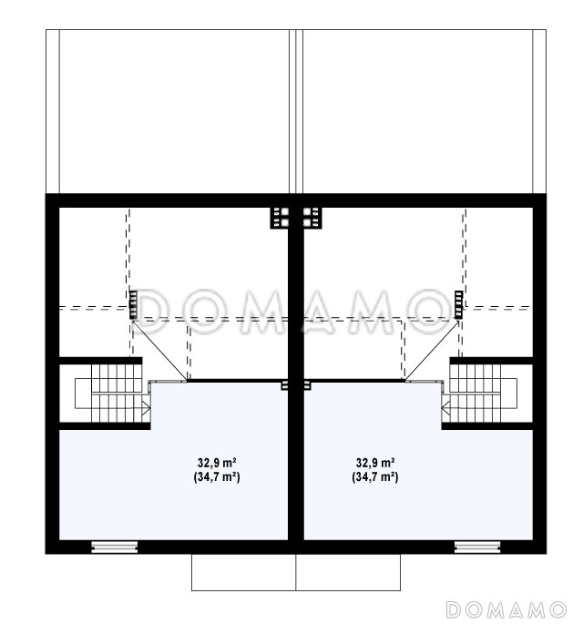 Проект мансардных домов-близнецов из кирпича современного дизайна с гаражом и террасой на втором этаже / План мансардного этажа