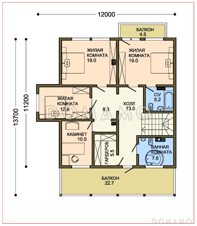 Проект современного загородного двухэтажного дома с сауной / План мансардного этажа
