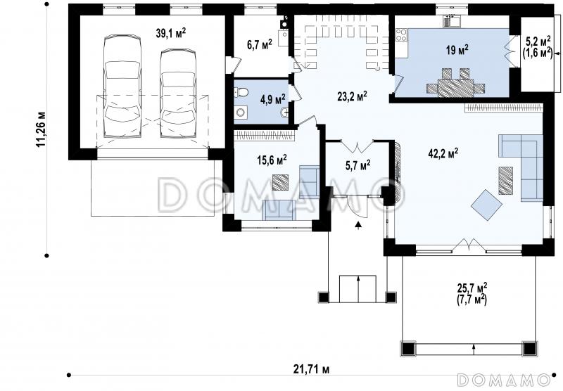 Проект просторного двухэтажного дома из кирпича с четырьмя комнатами, гаражом и террасами на обоих уровнях / План 1 этажа