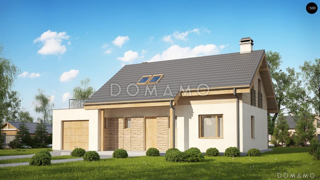 Проект компактного одноэтажного мансардного дома из газобетона с кабинетом, тремя спальнями и открытой террасой над гаражом / 1