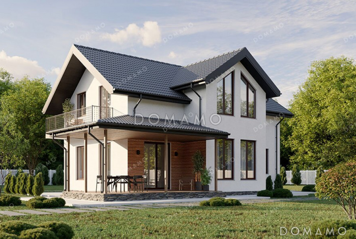 Проект дома с мастер-спальней, гостевой комнатой на первом этаже, балконом и террасой