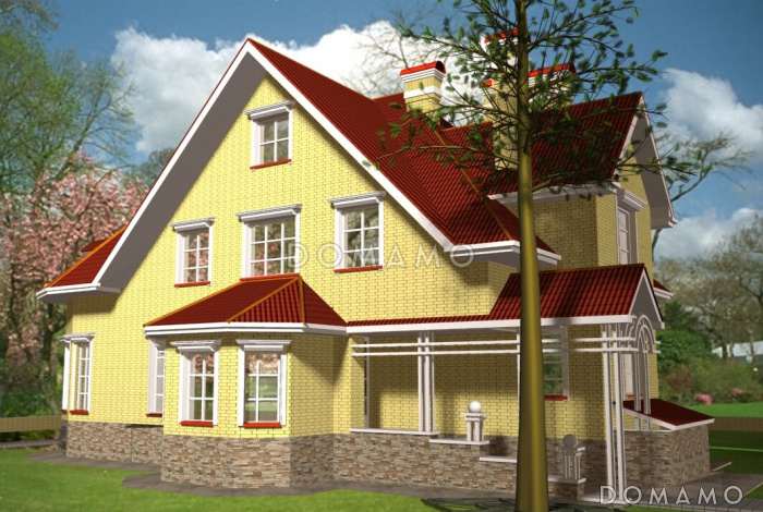 Проект дома с цокольным и мансардным этажами, с двумя эркерами - башнями Проект дома с цокольным и мансардным этажами, с двумя эркерами - башнями