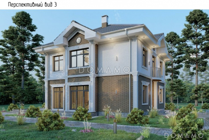 Проект загородного дома с верандой, полукруглым крыльцом, французским балконом, вытянутой кухней-гостиной-столовой