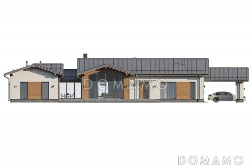 Проект одноэтажного кирпичного дома с четырьмя спальнями, просторной дневной зоной и застекленной террасой с барбекю / Фасад 1