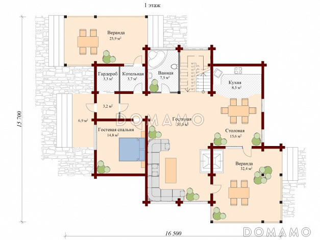 Проект двухэтажного дома из клееного бруса с удобной планировкой / План 1 этажа