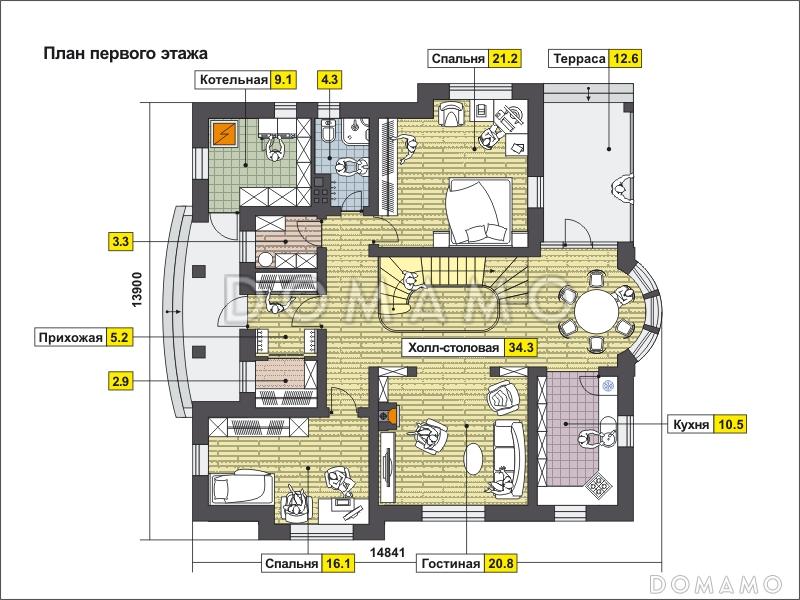 Проект дома с полукруглым эркером, двумя спальнями на первом этаже, вторым светом, ванной с окном, библиотекой / План 1 этажа