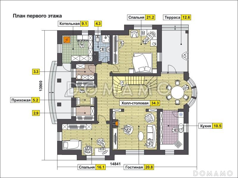 Проект дома с полукруглым эркером, двумя спальнями на первом этаже, вторым светом, ванной с окном, библиотекой / План 1 этажа