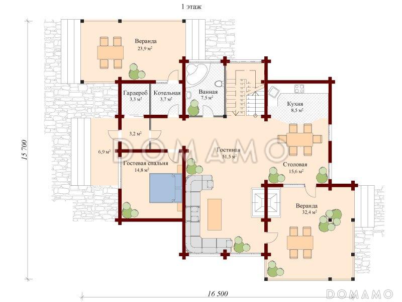 Проект двухэтажного дома из клееного бруса с удобной планировкой / План 1 этажа