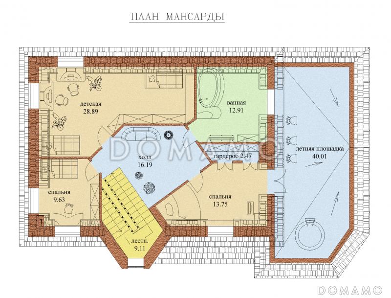 Проект одноэтажного коттеджа с мансардным этажом, гаражом и летней открытой площадкой на крыше гаража / План мансардного этажа