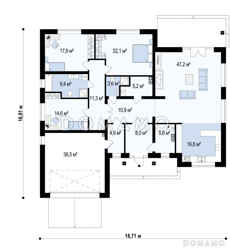 Проект просторного одноэтажного дома из газобетона с тремя спальнями и гаражом на два автомобиля / План 1 этажа