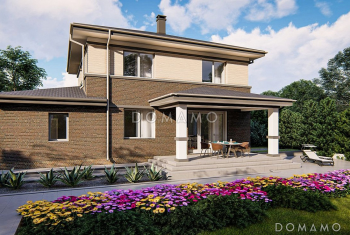 Проект двухэтажного дома из газобетона с гаражом, кабинетом, террасой