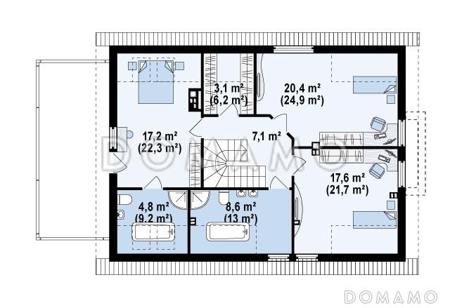 Проект одноэтажного мансардного дома из кирпича с эркером в кухонной зоне, вертикальным мансардным окном и гаражом на два автомобиля / План мансардного этажа