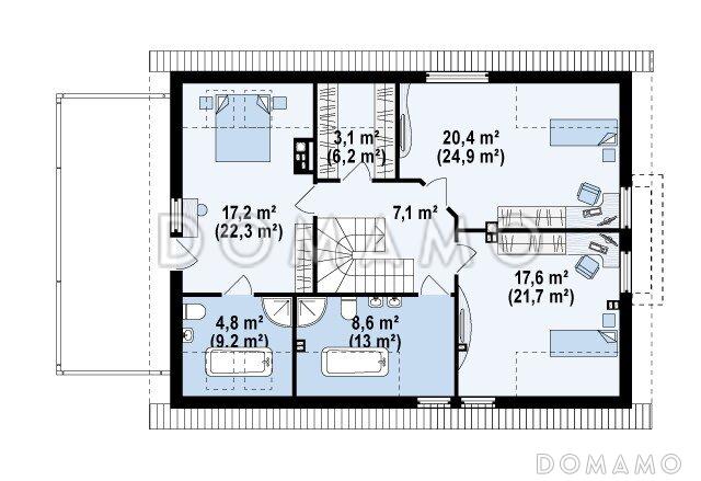 Проект одноэтажного мансардного дома из кирпича с эркером в кухонной зоне, вертикальным мансардным окном и гаражом на два автомобиля / План мансардного этажа
