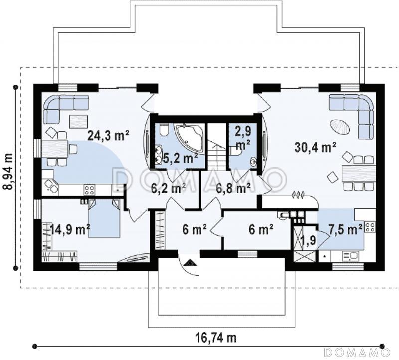 Проект одноэтажного двухквартирного дома из газобетона с мансардным этажом и общим входом / План 1 этажа