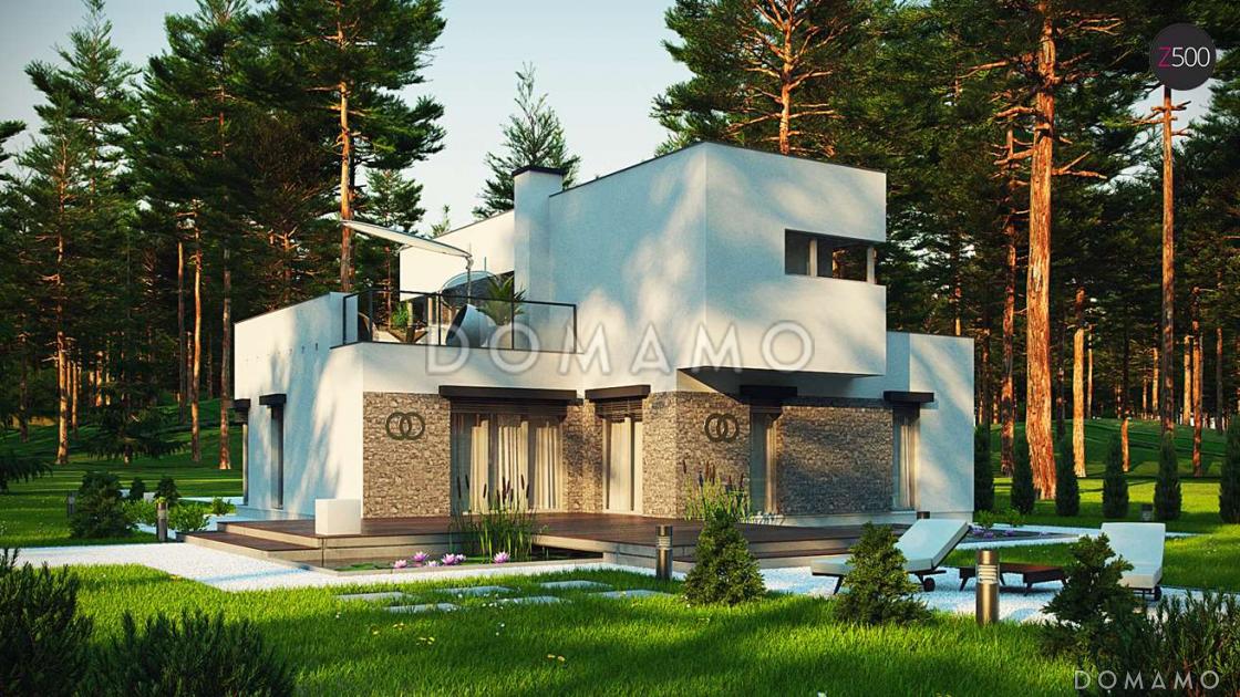 Проект компактного современного двухэтажного дома из газобетона в стиле модерн, с террасой на втором уровне и с гаражом / 2