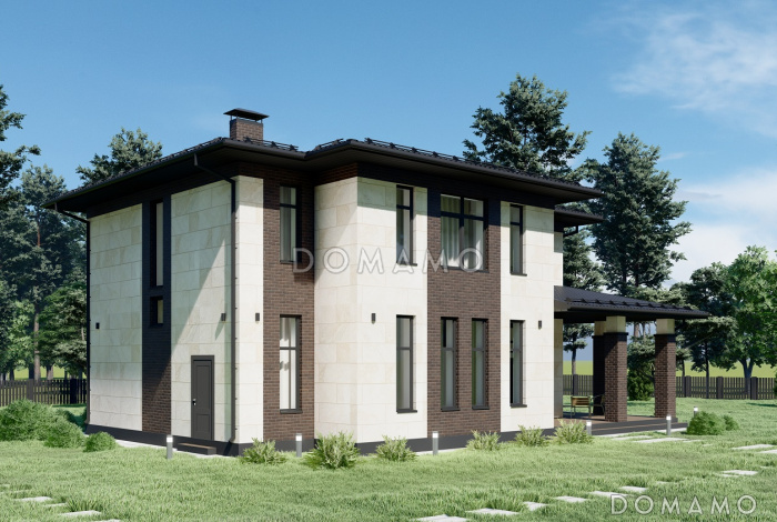 Проект двухэтажного дома с облицовкой камнем в стиле Райт S-221