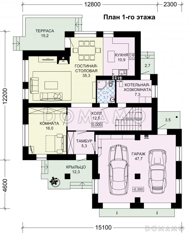 Проект двухэтажного дома по технологии ЛСТК с окнами в пол в гостиной / План 1 этажа