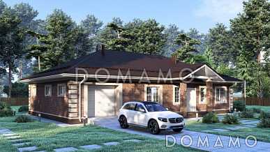 Проект одноэтажного облицованного кирпичом дома с гаражом на одну машину S-150