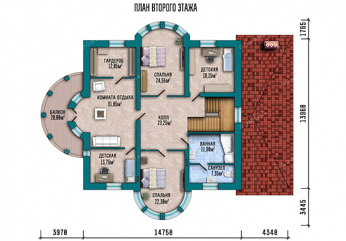 Проект усадьбы в классическом стиле с четырьмя спальнями, кабинетом, гаражом и подвалом / План 2 этажа