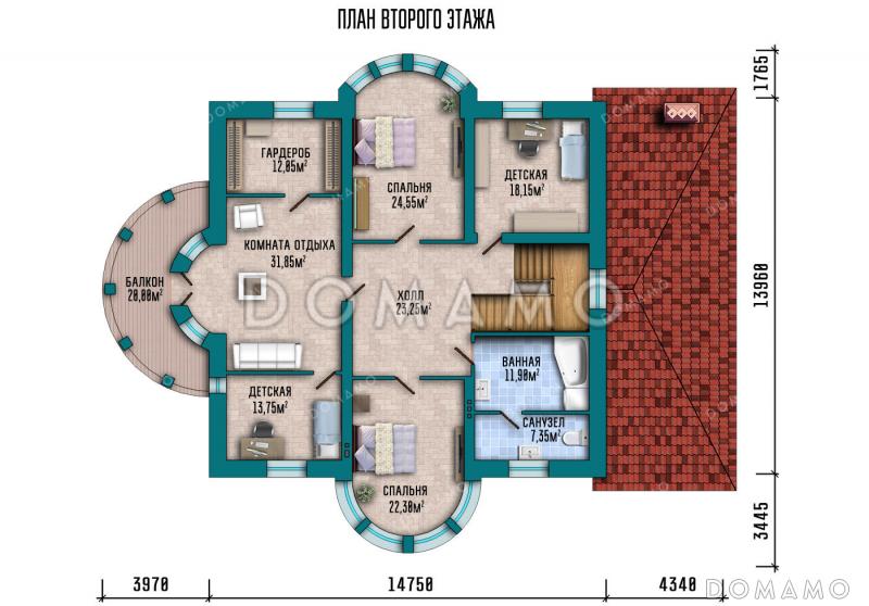 Проект усадьбы в классическом стиле с четырьмя спальнями, кабинетом, гаражом и подвалом / План 2 этажа