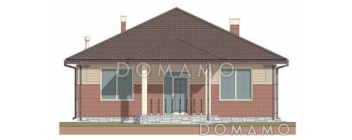 Проект одноэтажного дома с тремя спальнями, объединенной гостиной-кухней, небольшой террасой и хозяйственным помещением / Фасад 1