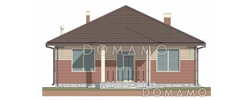 Проект одноэтажного дома с тремя спальнями, объединенной гостиной-кухней, небольшой террасой и хозяйственным помещением / Фасад 1
