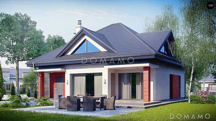 Проект одноэтажного мансардного коттеджа из кирпича с большой площадью остекления в гостиной, кабинетом и гаражом, для сейсмических районов 