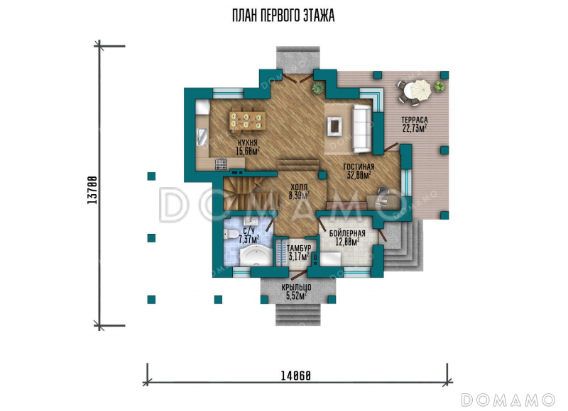 Проект одноэтажного дома с мансардой, просторной террасой и навесом для автомобиля / План 1 этажа