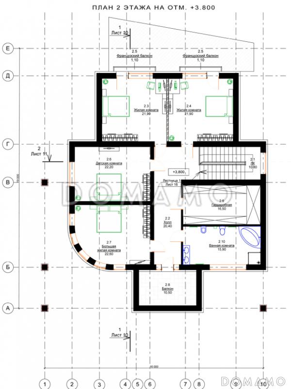 Проект дома с пятью спальнями, открытой планировкой дневной зоны с закругленным углом / План 2 этажа
