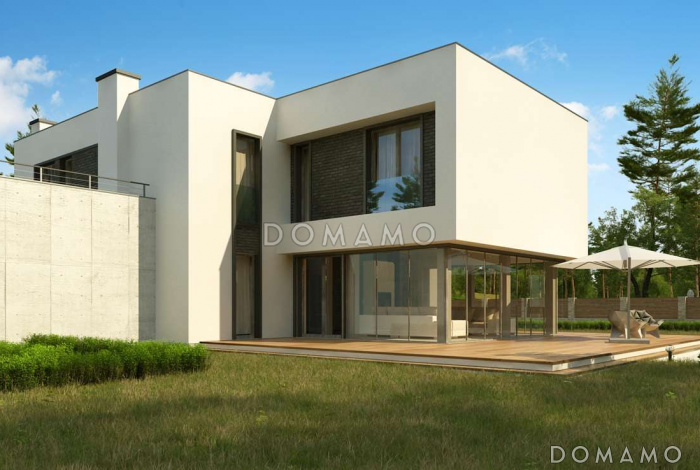 Проект современного двухэтажного дома из газобетона с плоской крышей с гаражом для двух автомобилей и террасами на обоих уровнях Проект современного двухэтажного дома из газобетона с плоской крышей с гаражом для двух автомобилей и террасами на обоих уровнях