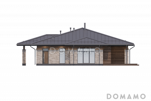 Проект дома с навесом для двух автомобилей, террасой с барбекю, мастер-спальней и сауной / Фасад 4