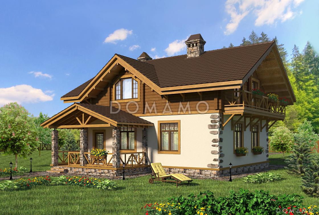 Проект коттеджа шале с террасой и балконом. / 2