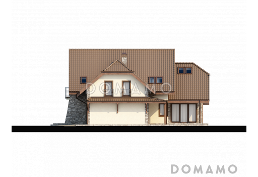 Проект просторного одноэтажного мансардного дома из кирпича с пятью комнатами, балконом и гаражом / Фасад 4